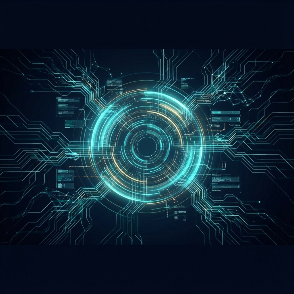 Futuristic glowing dashboard with neural connections and circuit paths
